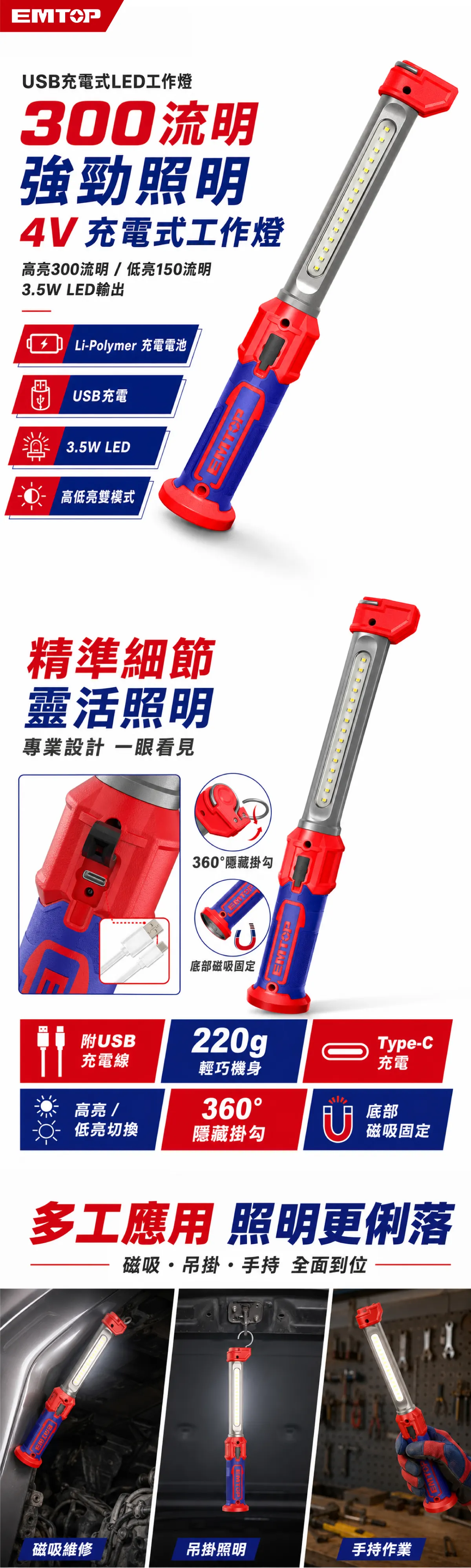 ELFL043006 4V充電式磁吸工作燈300流明(Type-C充電模式) 商品說明