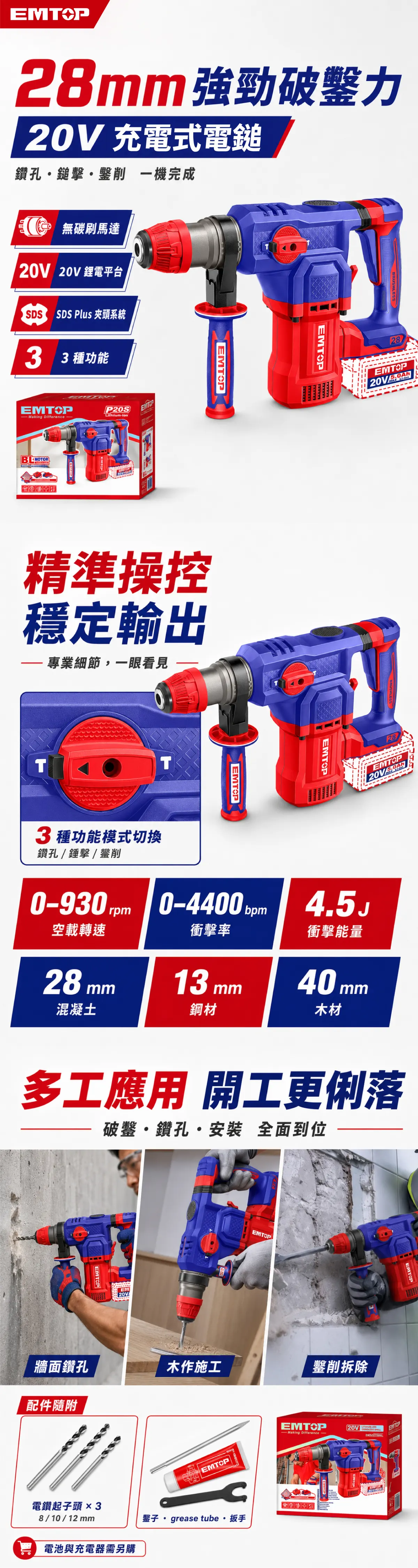 ELRH20286 20V鋰電電錘28mm(單機組) 商品說明