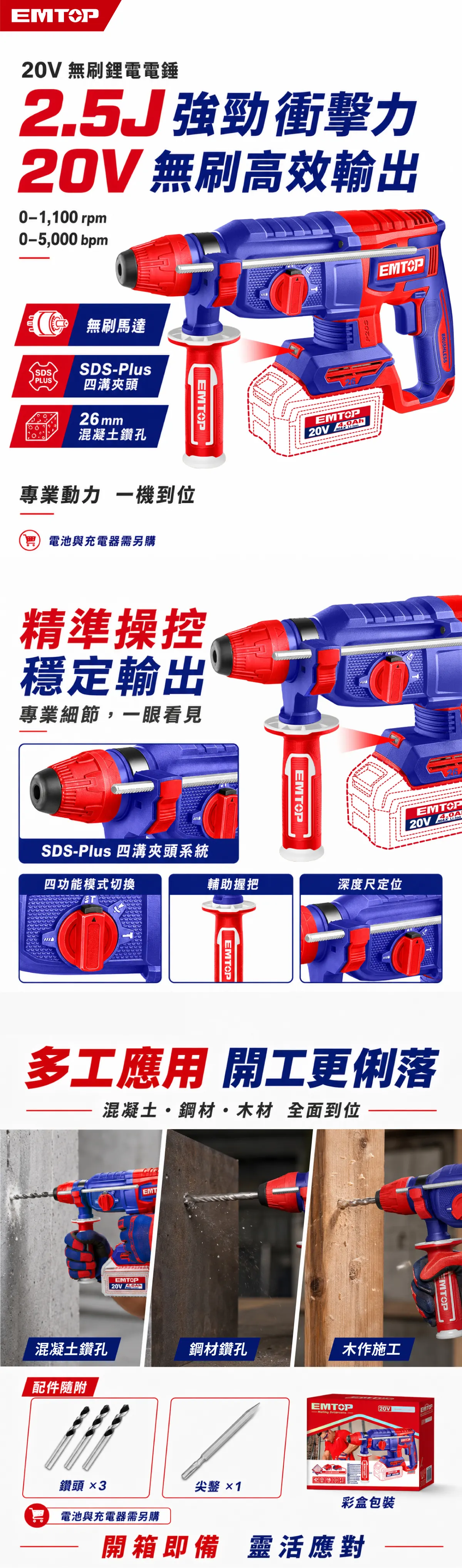 ELRH26208 20V鋰電電錘26mm(單機組) 商品說明
