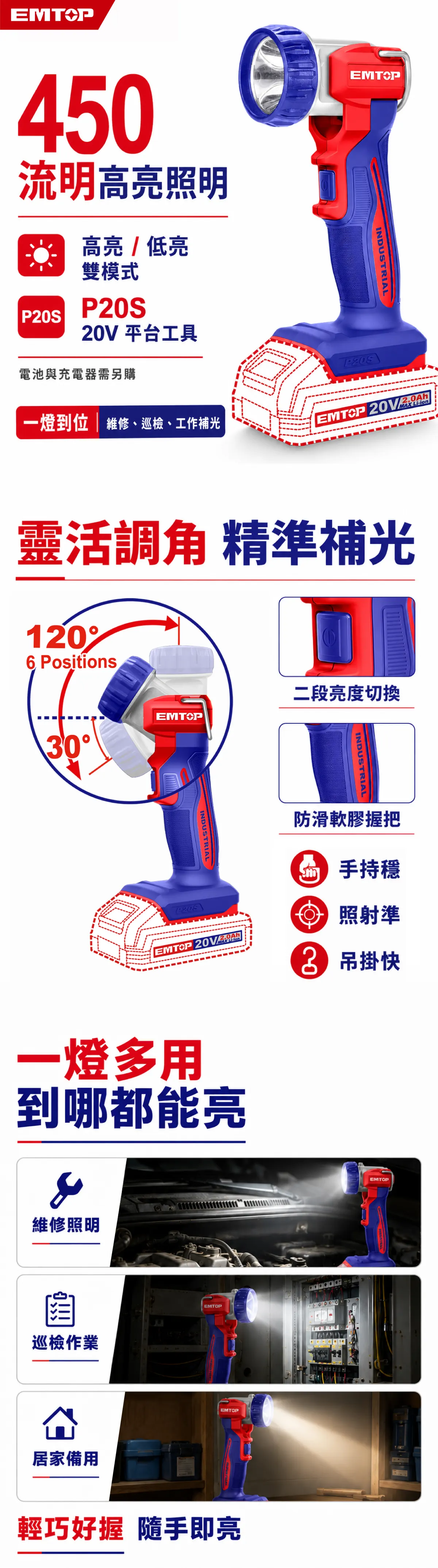 ELWLI2058 20V鋰電手持鋁殼折疊工作燈450流明(單主機) 商品說明