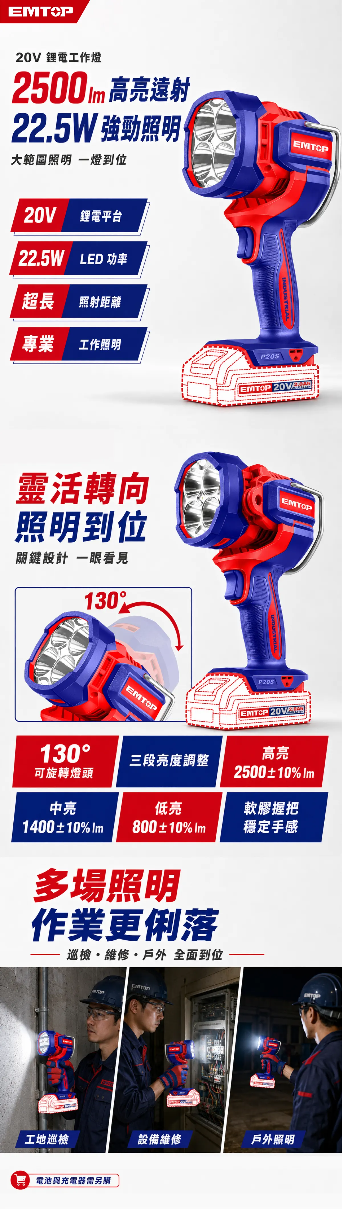 ELWLI20885 20V手持鋰電工作燈(單機組) 商品說明