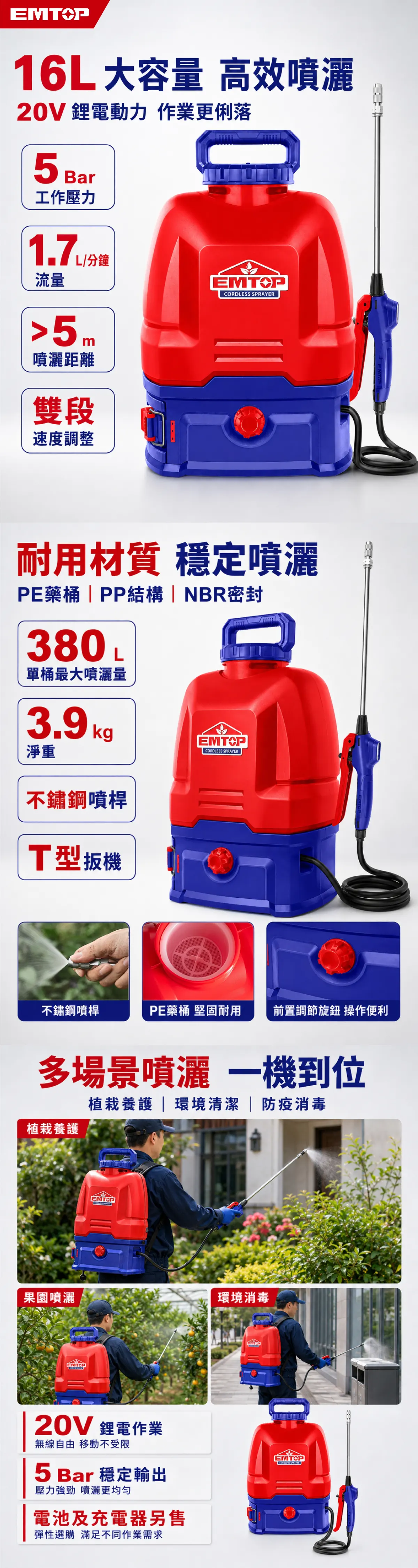 ESPLI2016 20V鋰電噴霧器/16L(單機組) 商品說明