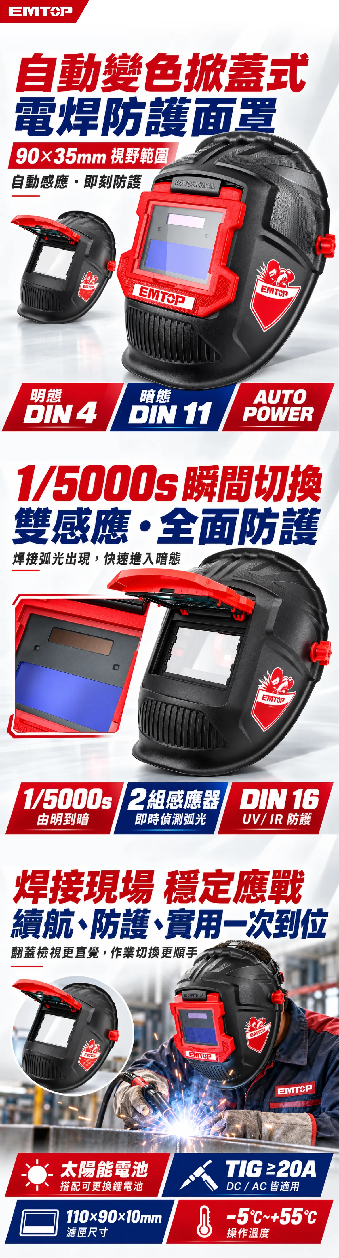 EWHT0102 自動變色掀蓋式電焊防護面罩｜視窗90×35mm 商品說明
