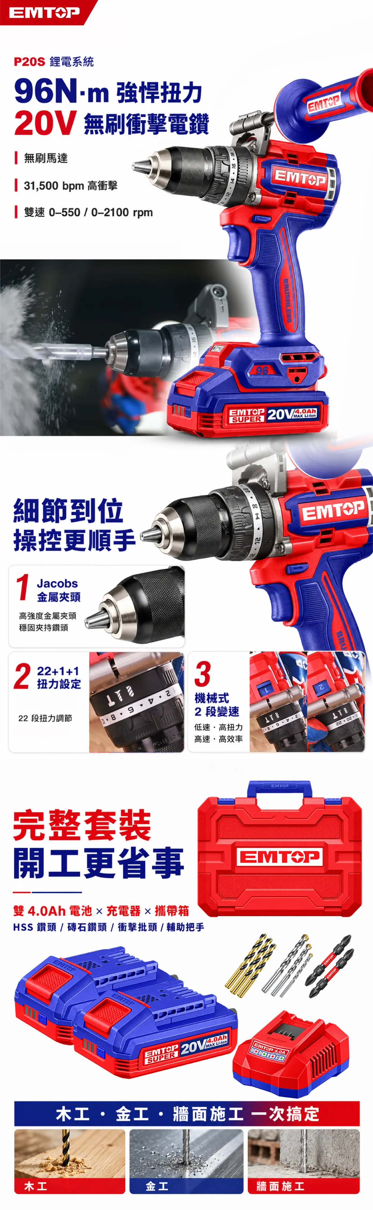 ULCIDL209689 20V鋰電衝擊電鑽96N.m(套組) 商品說明
