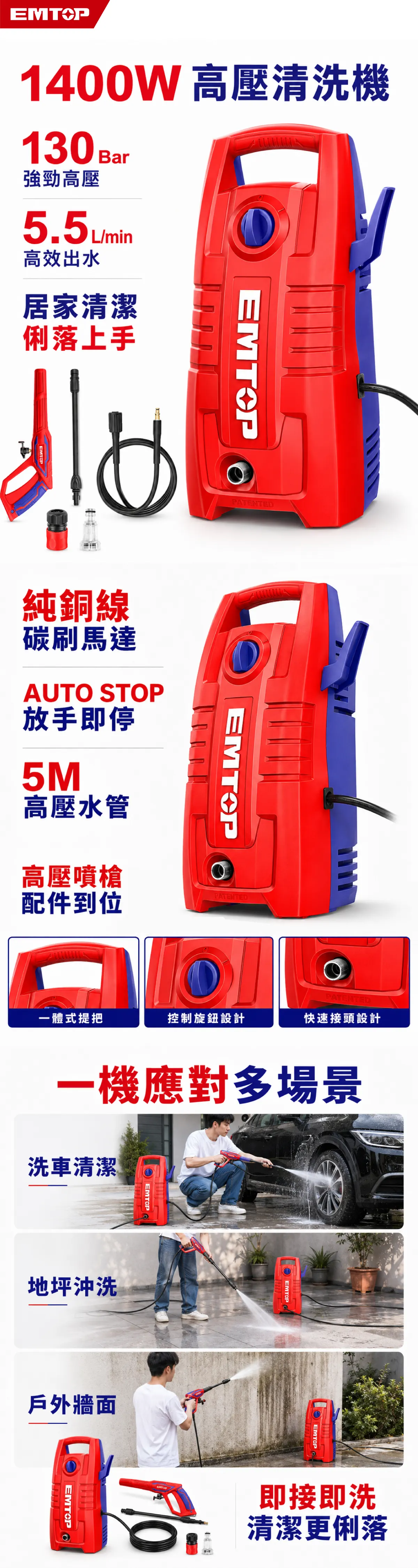 ULHPW1401 經濟款-110V高壓清洗機-1400W/130Bar(插電式) 商品說明