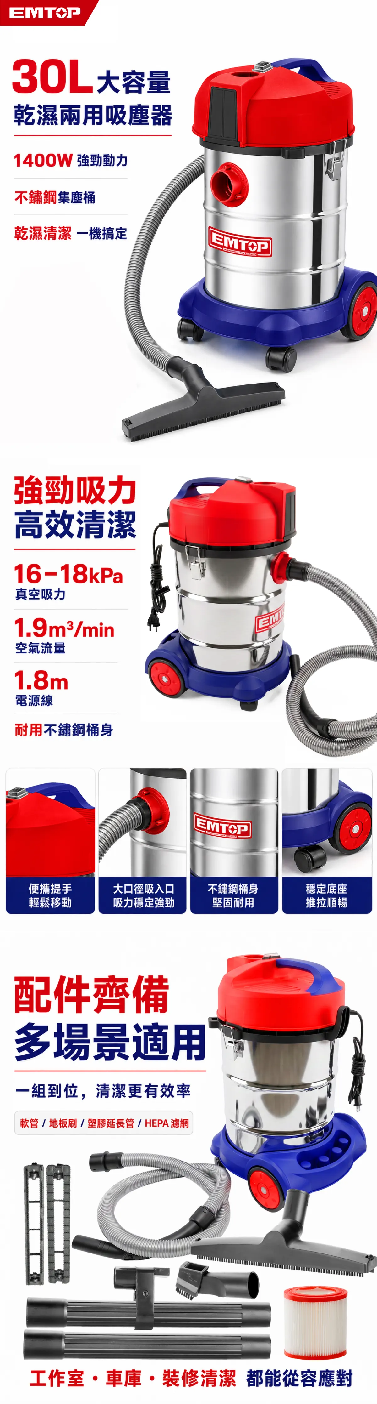 ULVCR1401 110V工業級30L乾濕吹吸塵器1400W(插電式) 商品說明