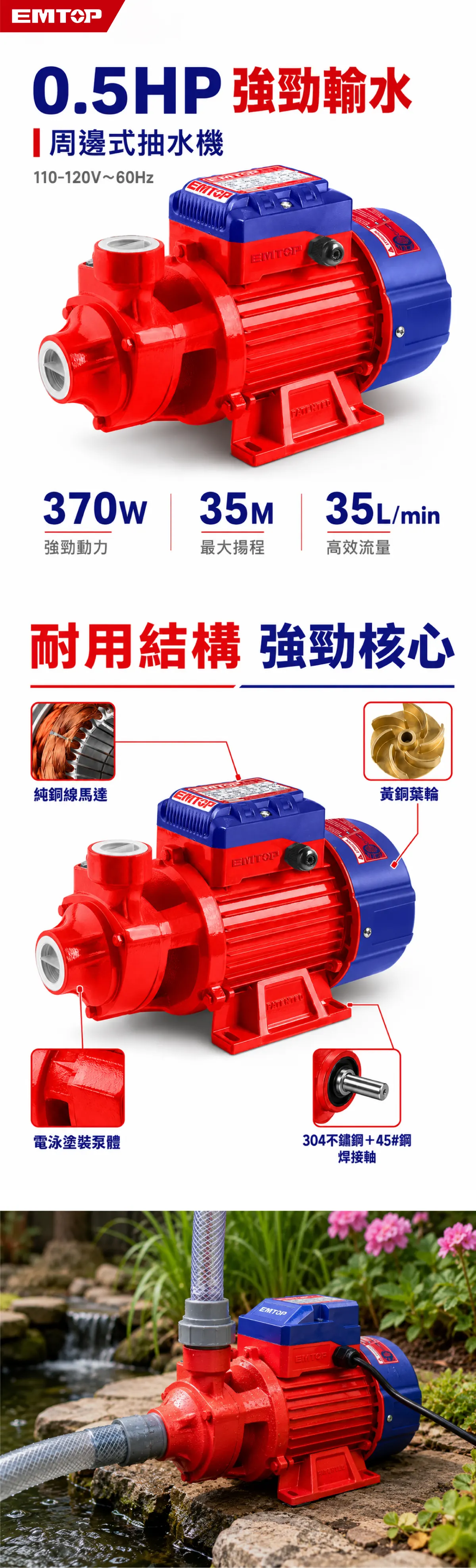 ULWPPV03701 0.5HP靜音渦流泵浦｜最大揚程35m・最大流量35L/min 商品說明
