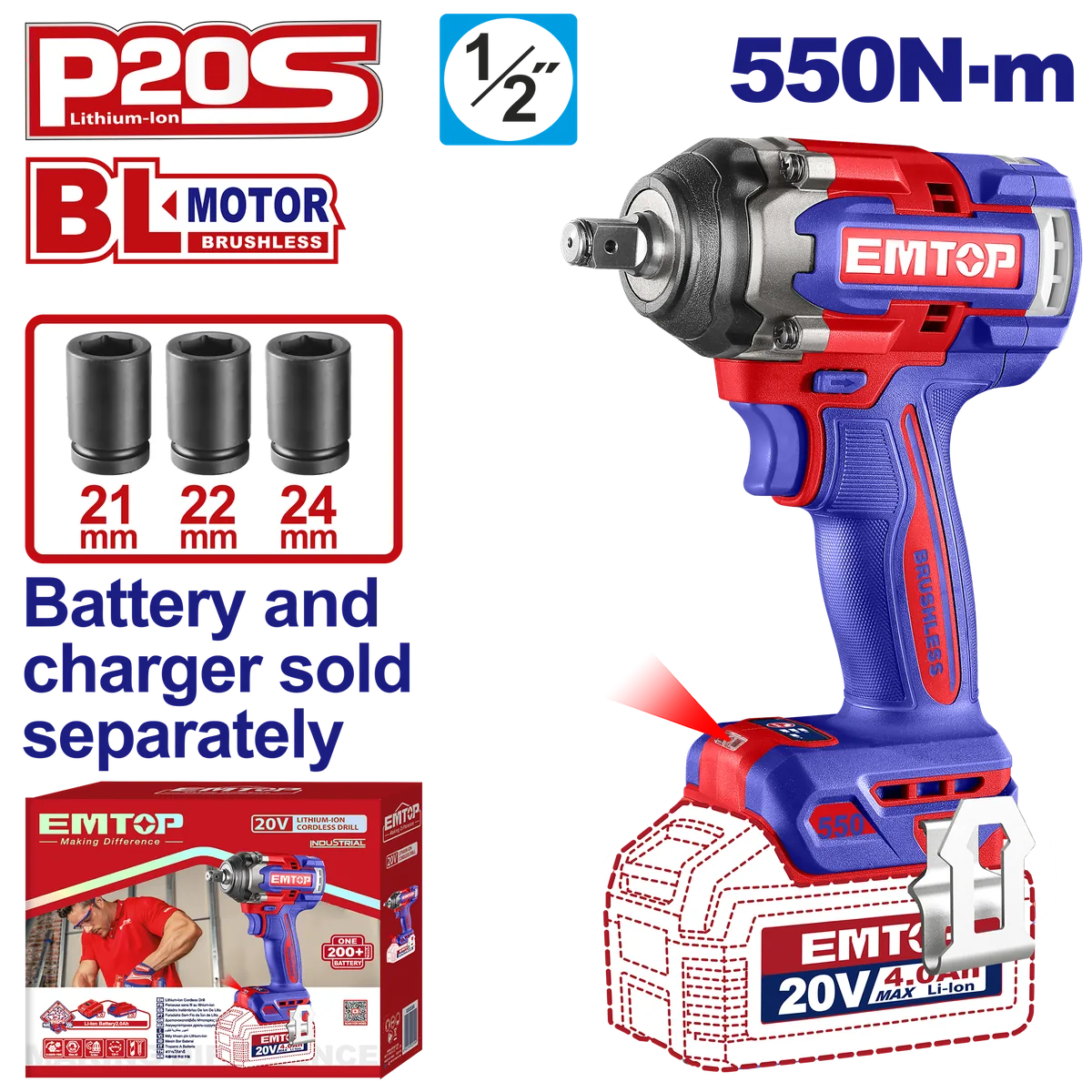 ECIWL20551 20V鋰電衝擊扳手550N.m(單主機)