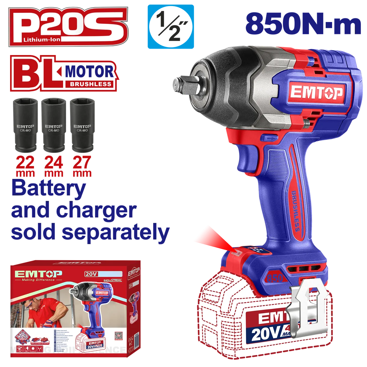 ECIWL20851 20V鋰電衝擊扳手850N.m(單主機)