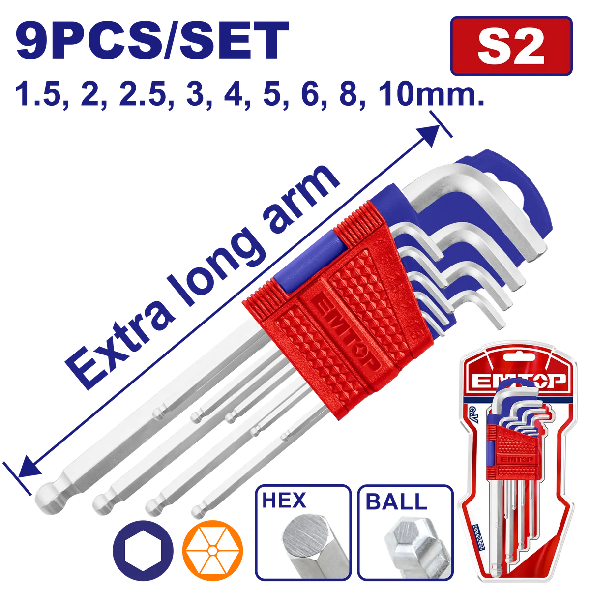 EHKY2092 S2加長球頭六角扳手 9支組