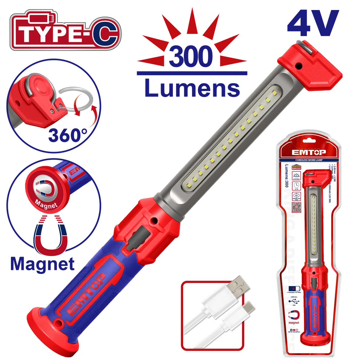 ELFL043006 4V充電式磁吸工作燈300流明(Type-C充電模式)