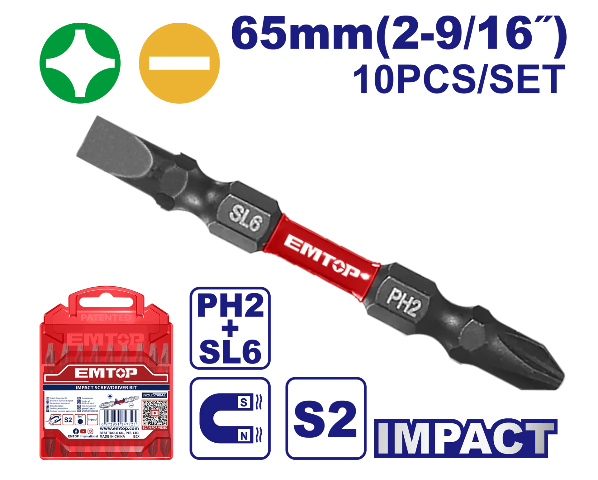 ESBTMHL133 10件式65mm PH2＋SL6雙頭起子頭