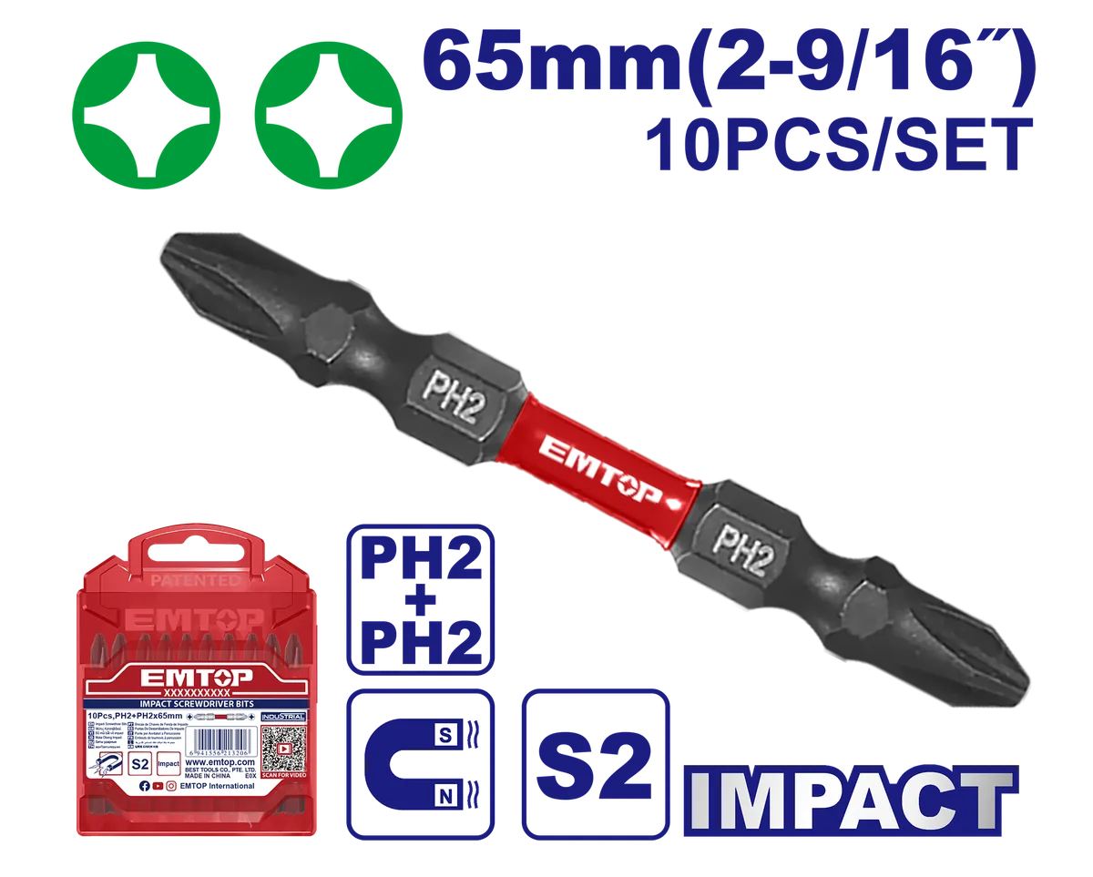 ESBTMPH233 10件式65mm PH2六角高扭力十字起子頭