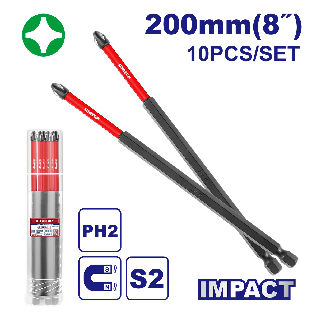 ESBTMPH283 200mm PH2六角柄強磁十字起子頭