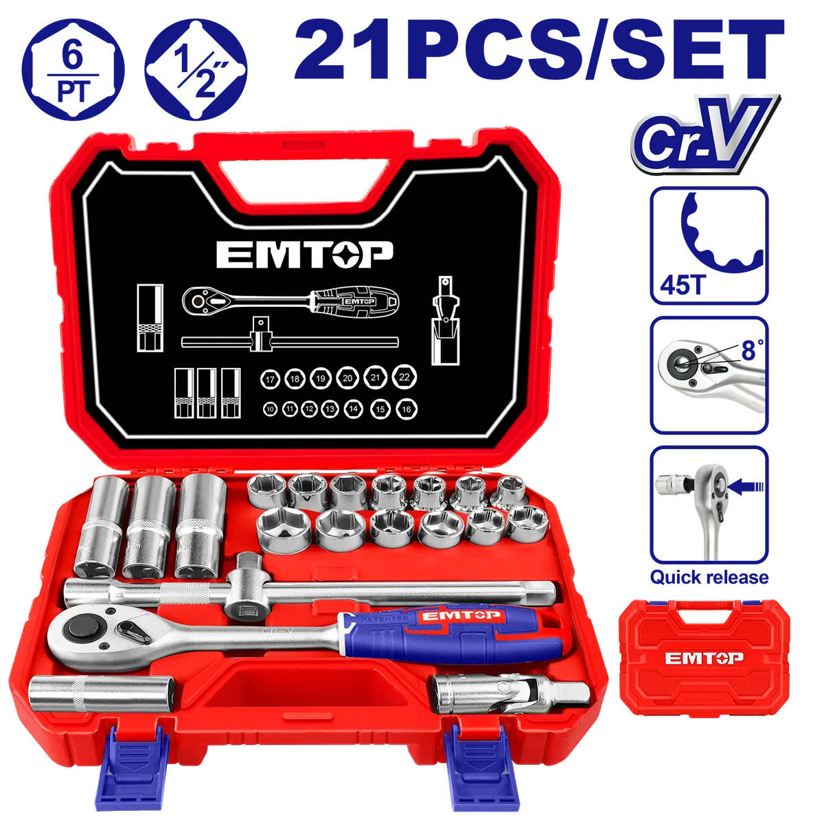 ESKT12211 21件式4分（1/2吋）棘輪套筒扳手套組