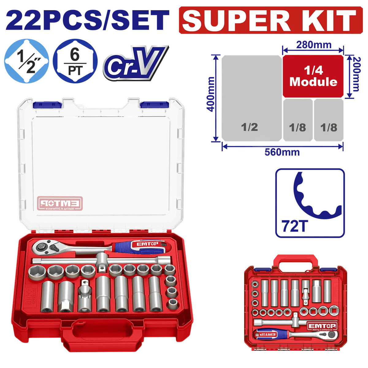 ESKT12226 22件式4分（1/2吋）72齒鉻釩鋼棘輪套筒扳手套組