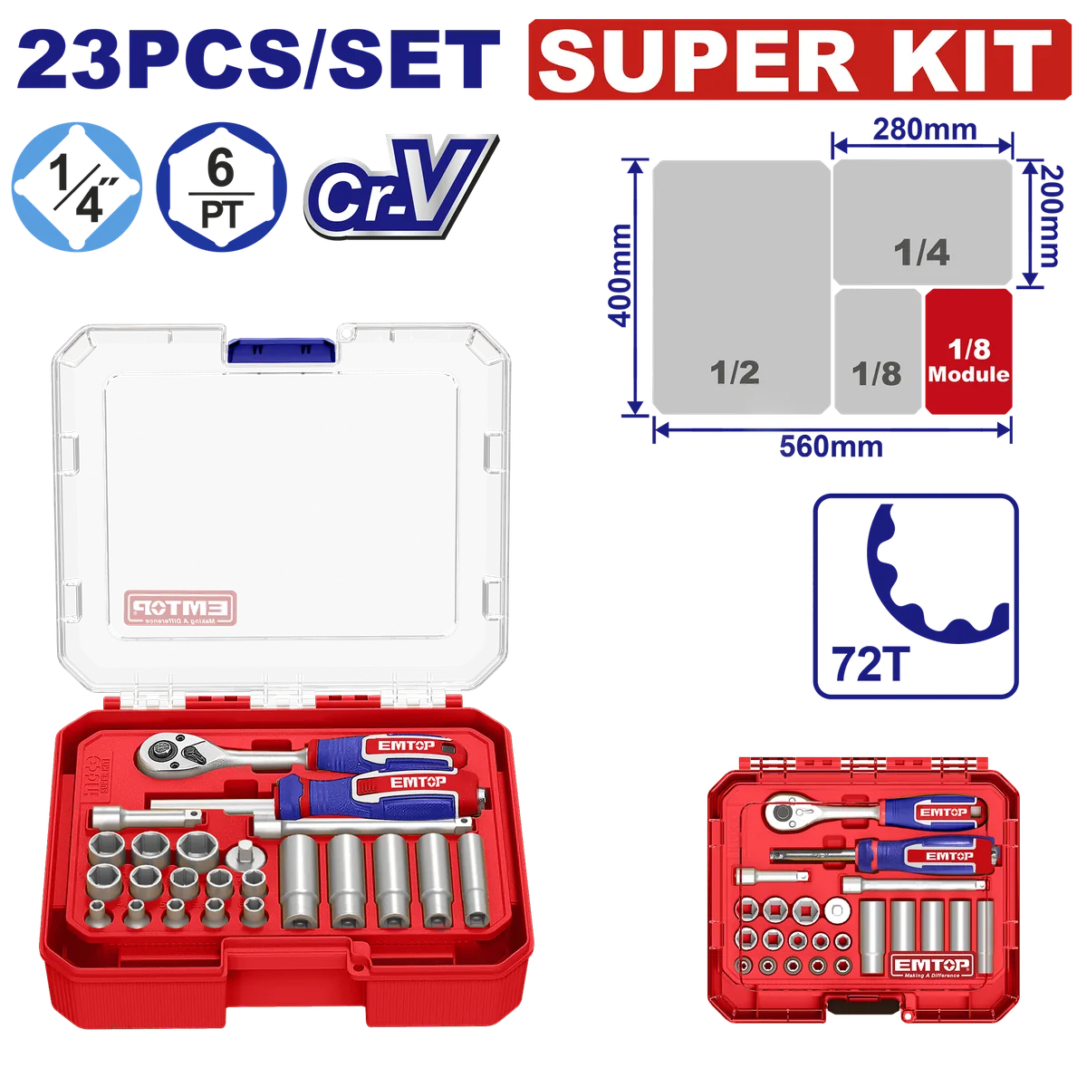 ESKT14236 23件式2分(1/4吋)72齒棘輪套筒扳手套組|Cr-V鉻釩鋼