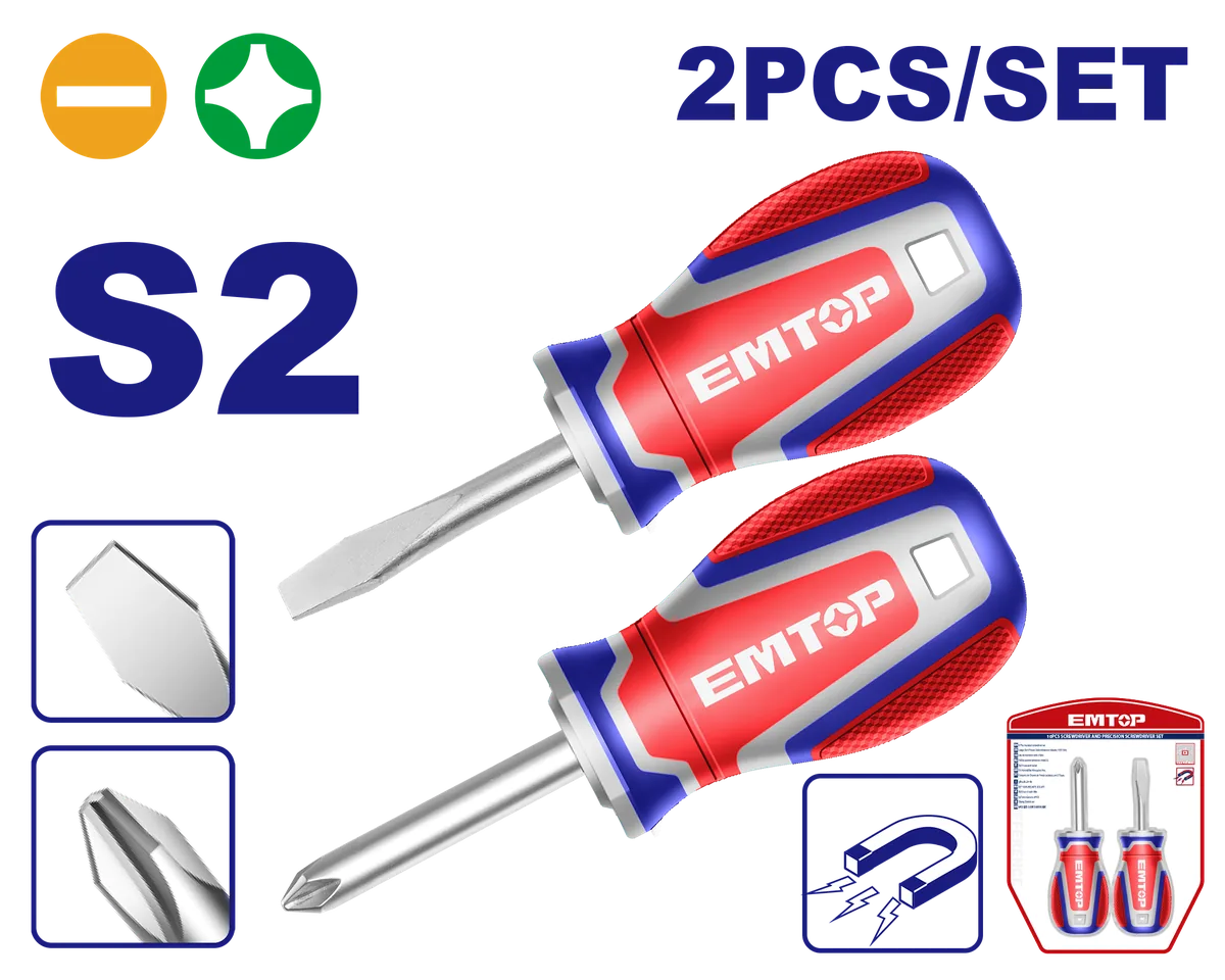 ESST2221 38mm S2帶磁短柄螺絲起子套組｜十字＋一字・2件組