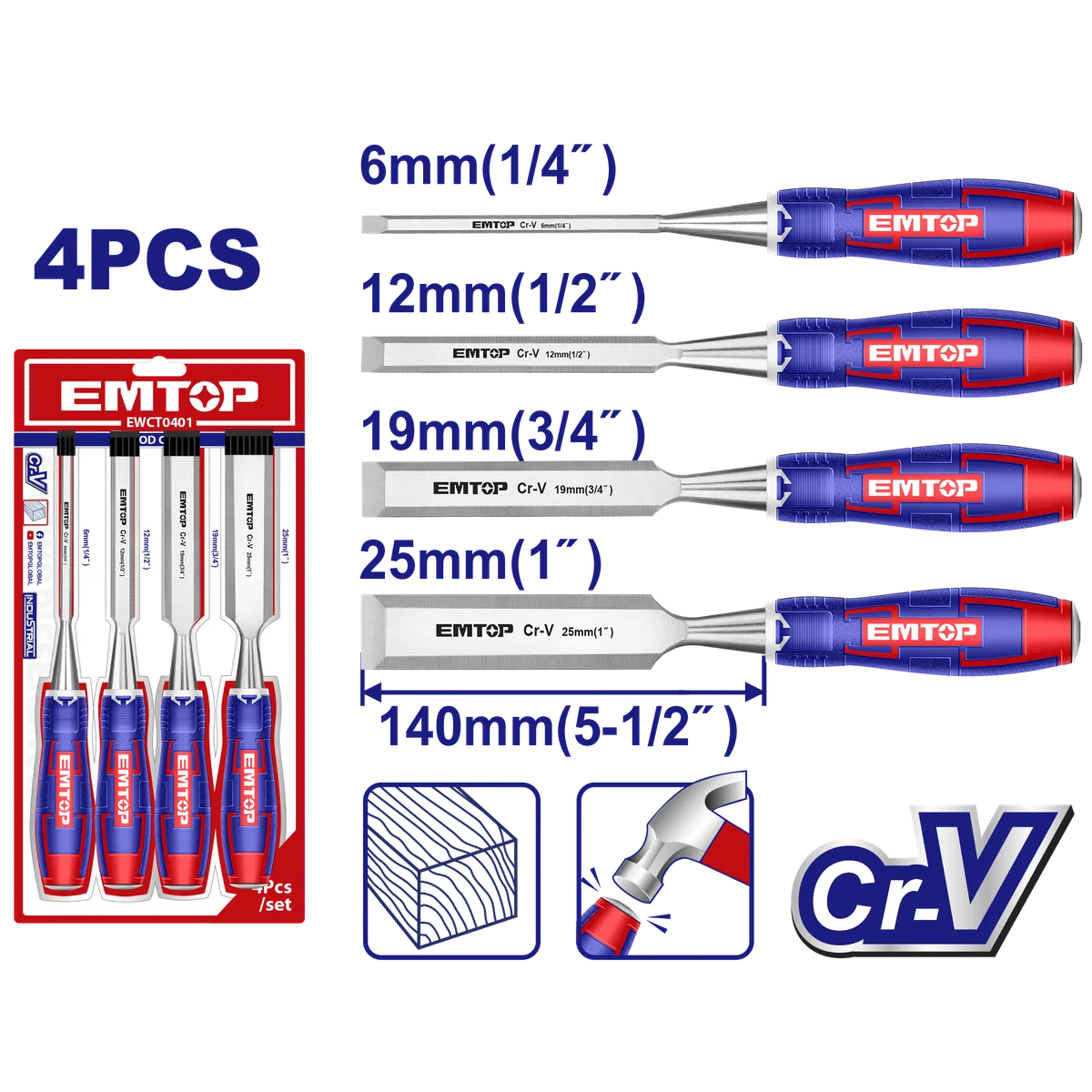 EWCT0401 4件式膠柄木工鑿刀套組