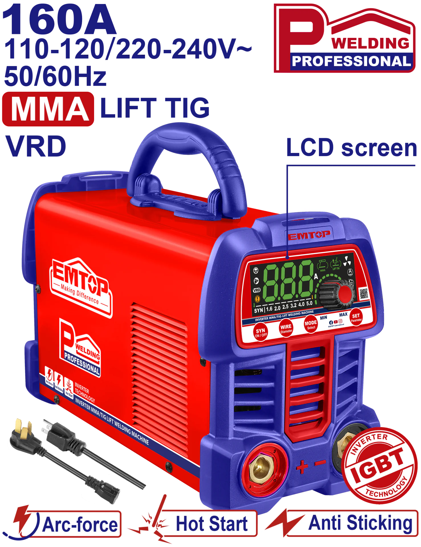ULWDEM1661 工業級160A數位拉弧氬電兩用機｜110V／220V｜MMA・Lift TIG・VRD・IGBT